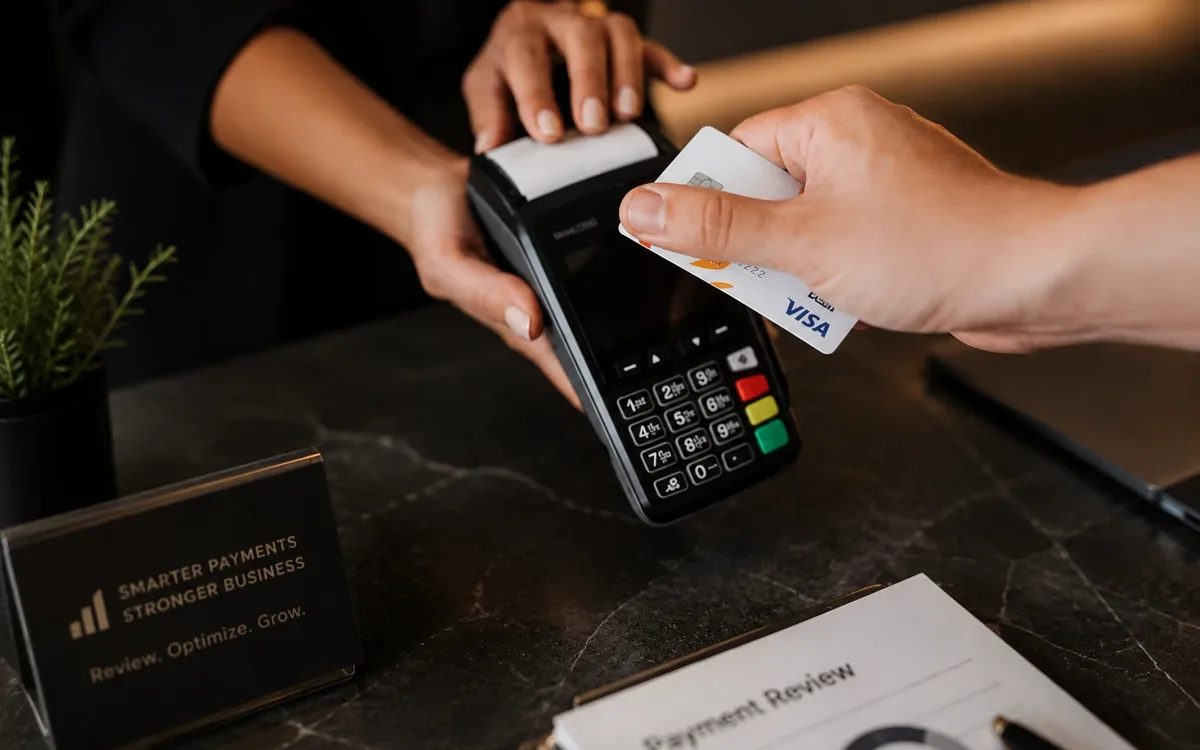 A customer paying at a card terminal