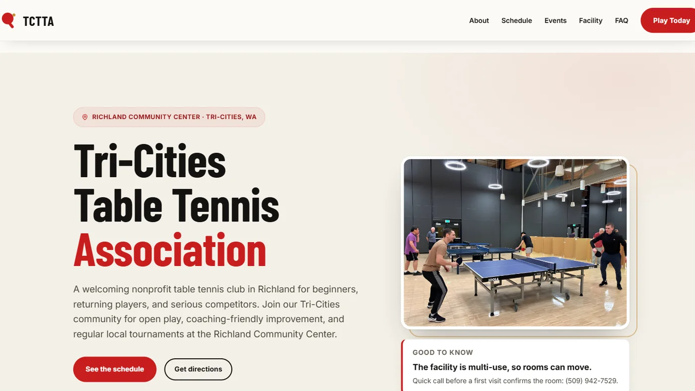 Página principal del sitio de la Tri-Cities Table Tennis Association, construido por BX Systems